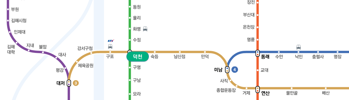 1호선에서 올 경우 1호선 환승역 서면에서 노포동방면 지하철을 탄 후 환승역 연산역에서 내려 대저방면 3호선 지하철로 환승 한 후 덕천역에서 하차하거나 1호선에서 환승역 서면에서 양산, 호포방면 2호선 지하철로 환승한 후 덕천역에서 하차합니다. 2호선 양산, 호포에서 올 경우 덕천역에서 하차하거나, 2호선 장산에서 올 경우 덕천에서 하차하면 됩니다. 3호선 대저역에서 올 경우 환승역 덕천에서 하차하거나 3호선 수영에서 올 경우 환승역 덕천에서 하차하면 됩니다. 경전철 사상에서 올경우, 환승역 사상에서 호포, 양산방향 지하철로 환승 한 후 덕천에서 하차하거나 경전철 가야역에서 올 경우 3호선 환승역 대저역에서 환승한 후 환승역 덕천에서 하차하면 됩니다.